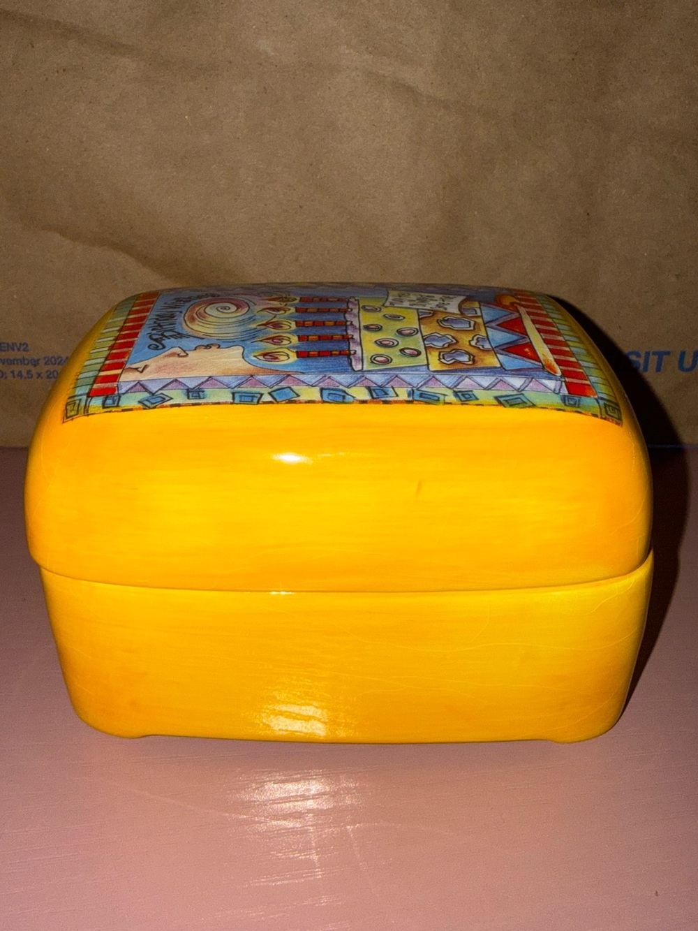 Vintage White Ceramic Rectangular Trinket box with Yellow Trim